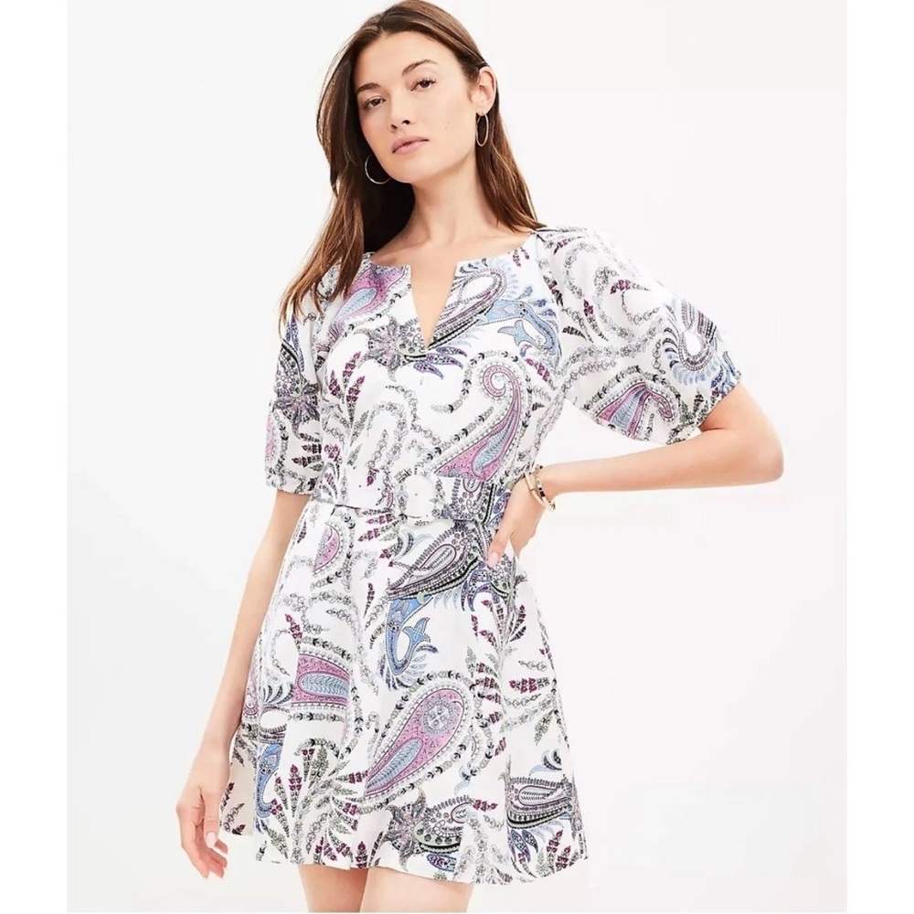 Loft Paisley Linen Blend Belted Puff Sleeve Dress A Line Size 2 Cottage